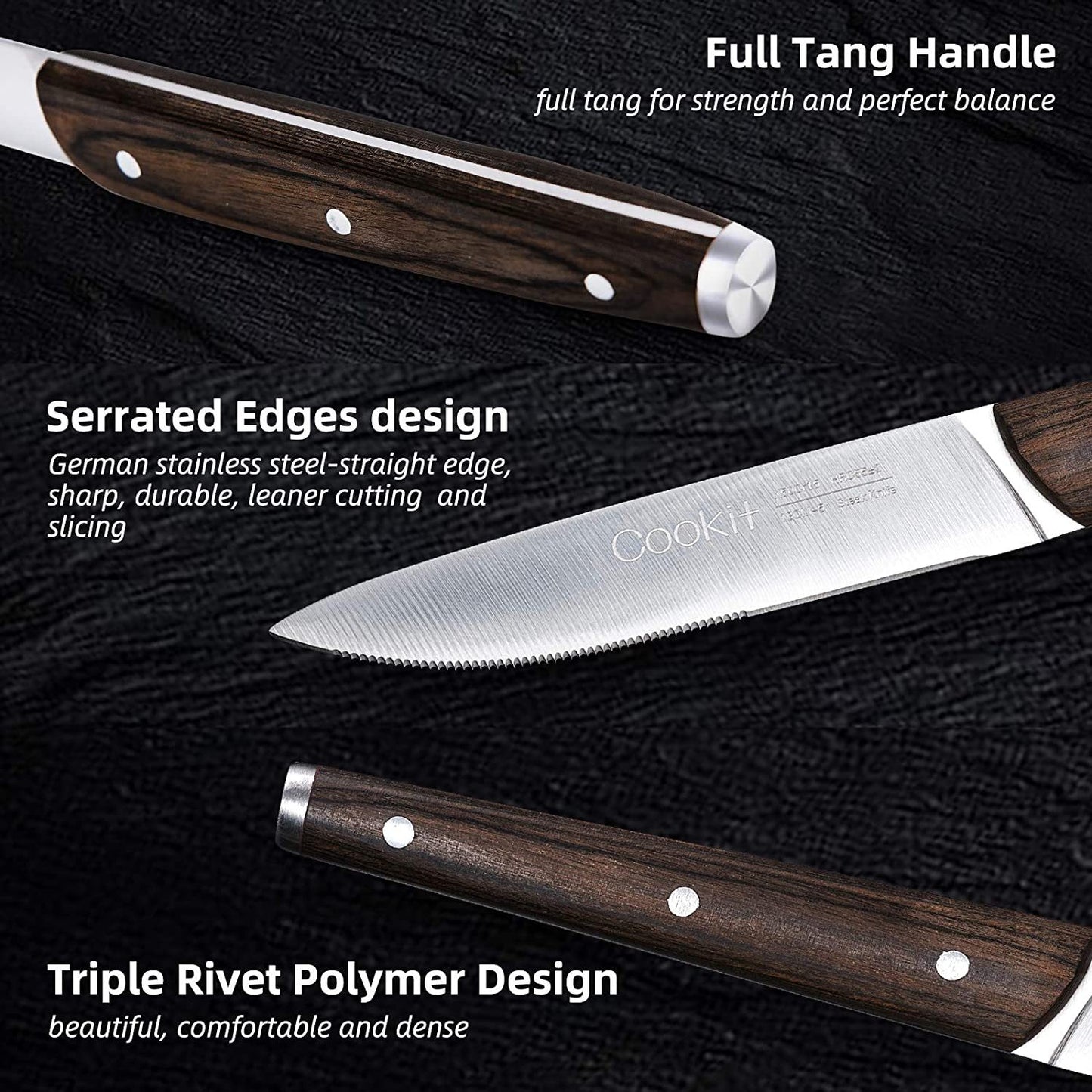 6Pcs Steak Knife Set Serrated Stainless Steel Utility with Wooden Handle for Home Dining Restaurant